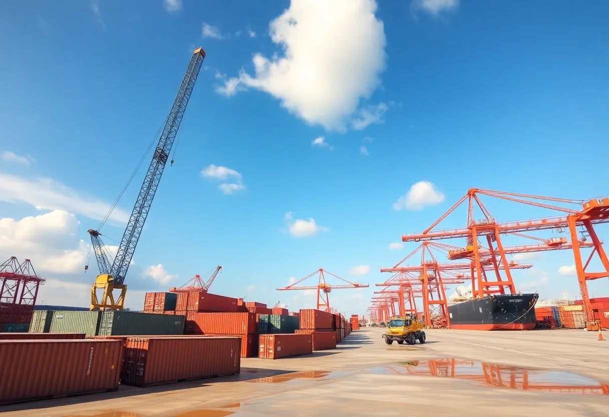 Construction site of Charleston Port Expansion with cranes and containers