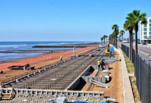 Construction of the Charleston waterfront promenade with sea walls being built