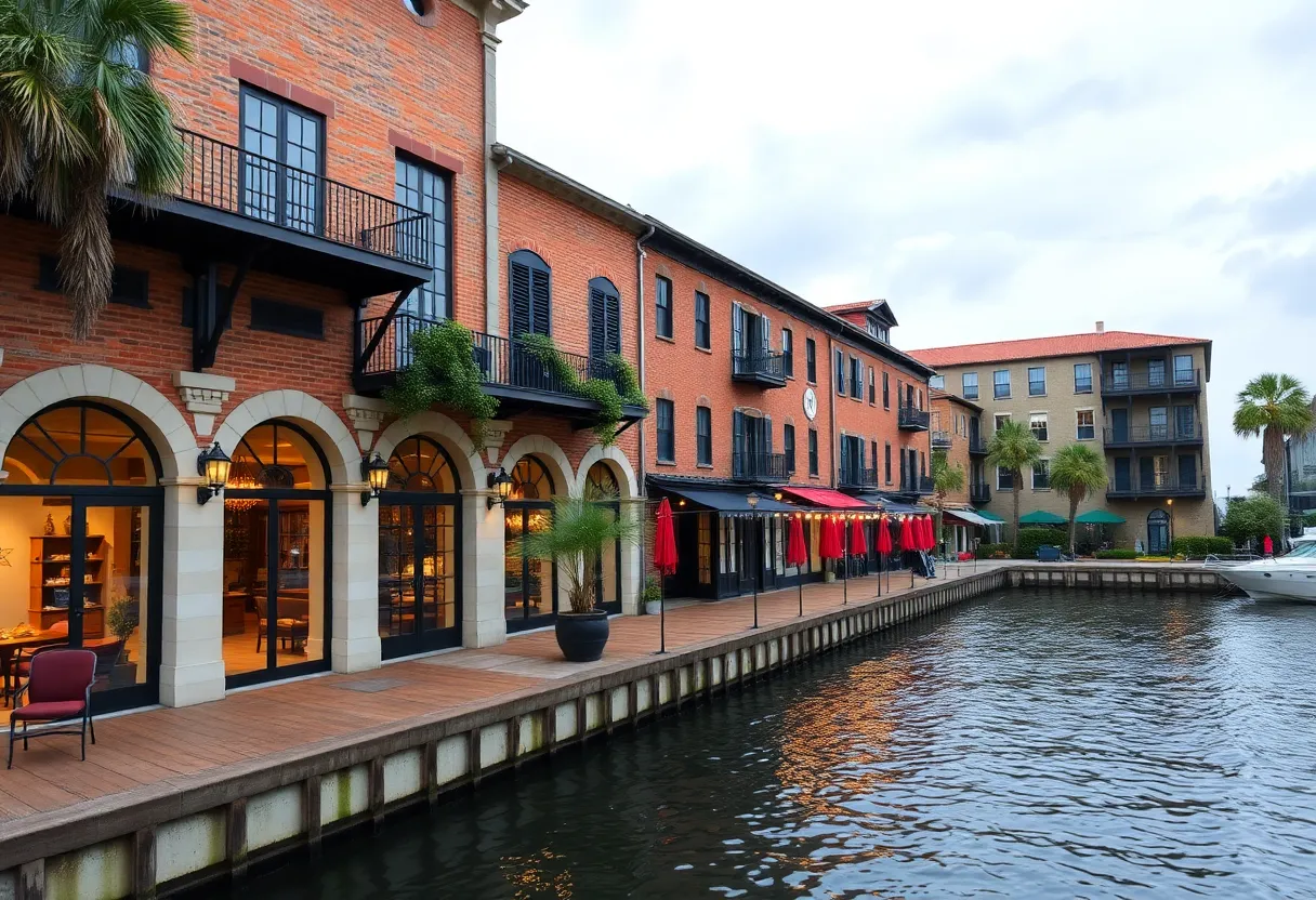Luxury boutiques and dining venues in renovated waterfront warehouses