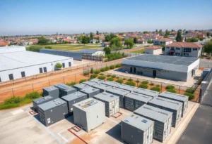Aerial view of containerized battery units beside self-storage buildings and nearby homes in Chula Vista.