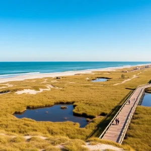 Aerial view of coastal park expansion with boardwalks and eco-resorts