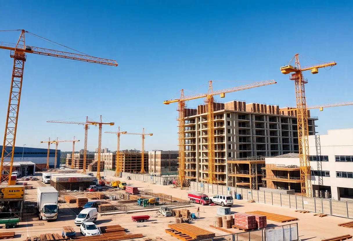 Construction workers on a commercial site with cranes and equipment.