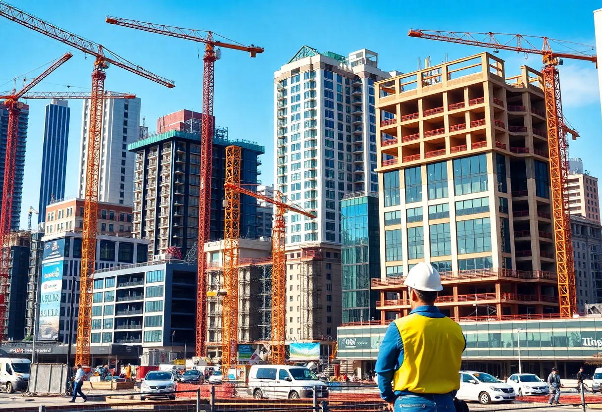 Construction site depicting commercial buildings being constructed.