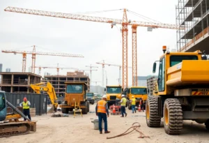 Construction site with ongoing projects and workers indicating delays due to financial issues.