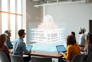 Engineers collaborating around a holographic 3D building model with BIM layers and AI overlays
