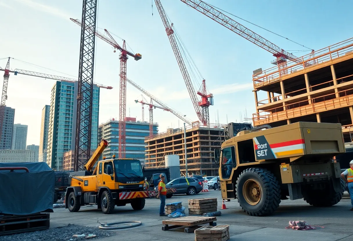 Construction site in Edmonton with machinery and workers.