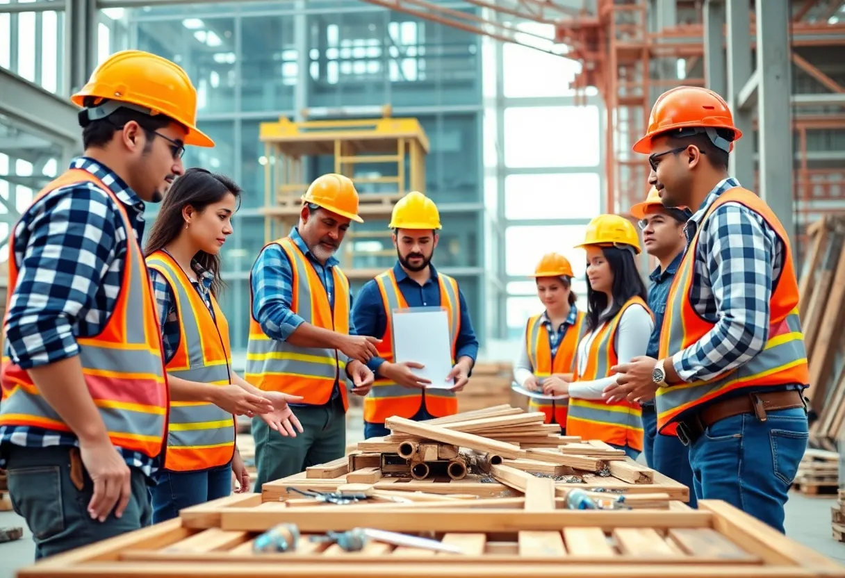Diverse construction workers on a job site, symbolizing job opportunities.