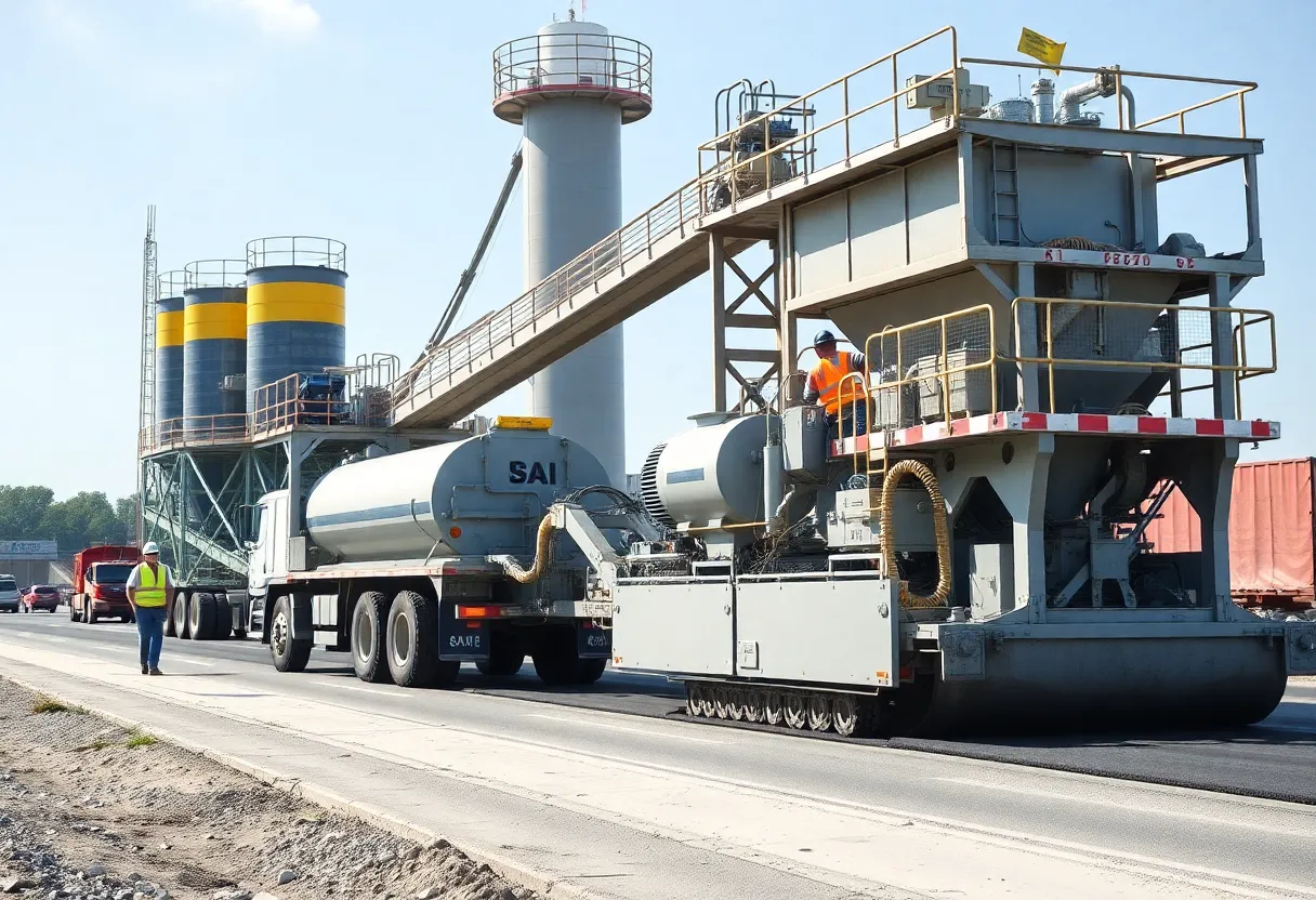 Construction site with modern automated paving equipment