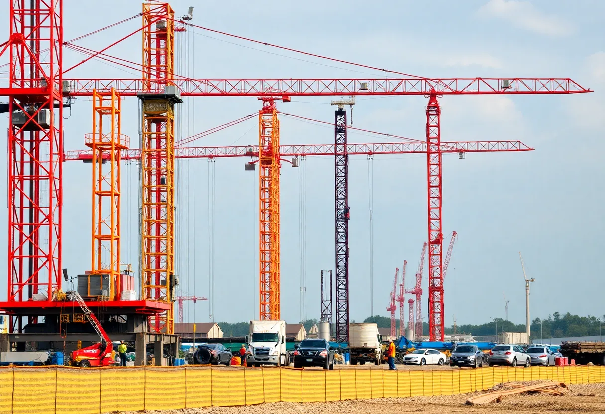 Construction site with cranes and workers in the Southeast
