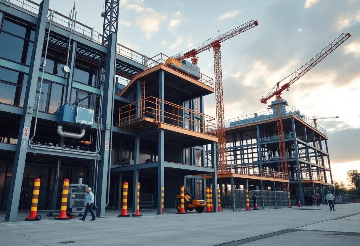 Modern construction site with safety equipment