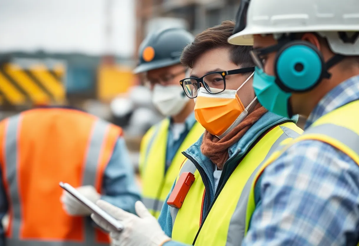 Construction workers evaluating environmental safety on site.