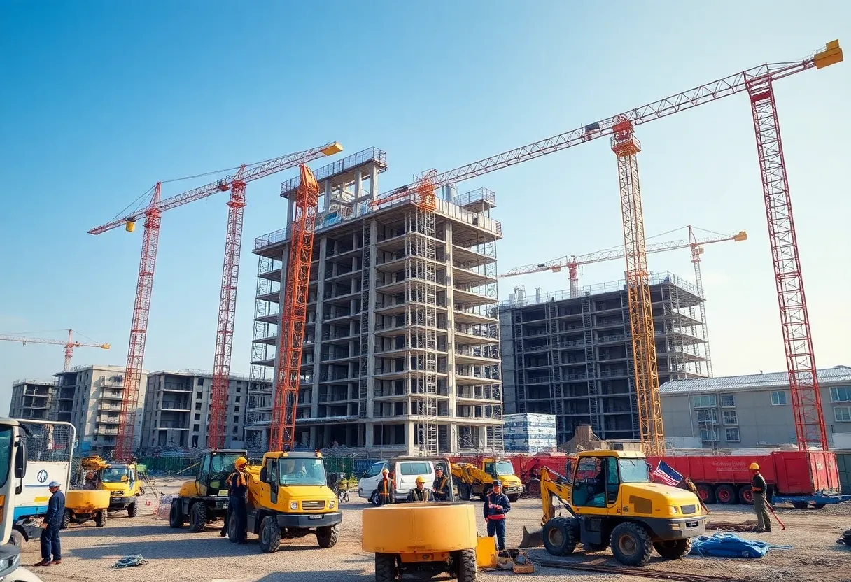Busy construction site with workers and machinery