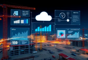Construction site with a translucent cloud dashboard overlay showing budgets, change orders and real-time sync visuals
