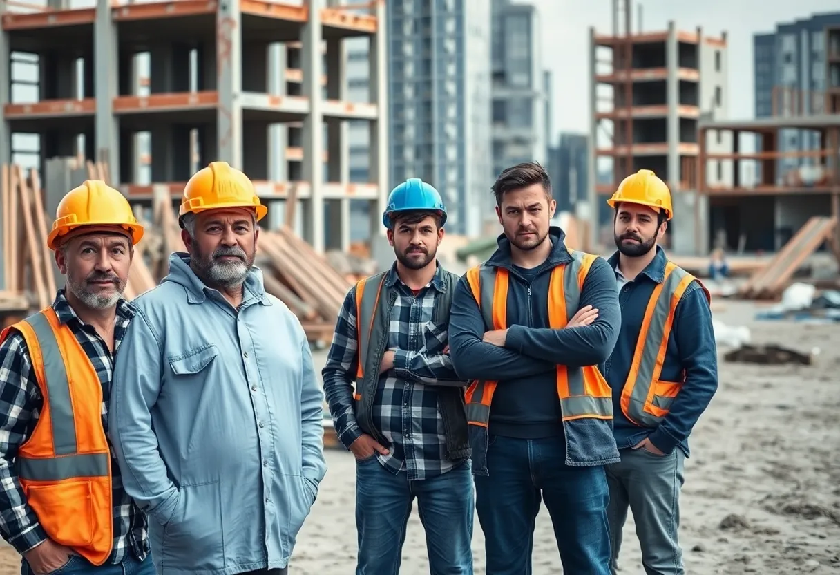 Stressed construction workers on site