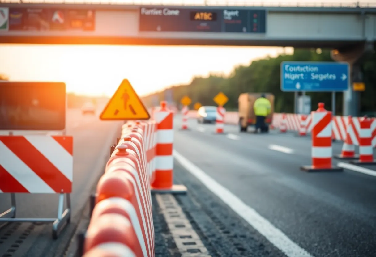Active construction zone on Highway 30 in Carey, Idaho with safety signs