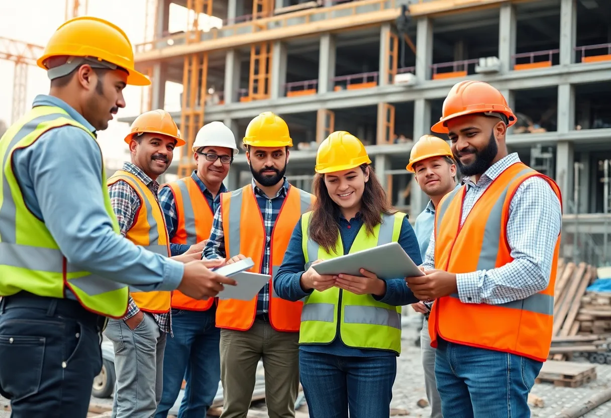Diverse construction workers collaborating on-site