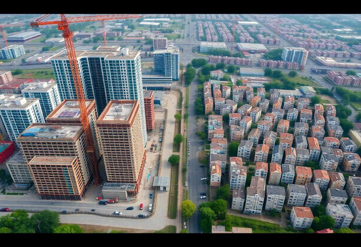 Aerial view of luxury construction site and low-income housing project