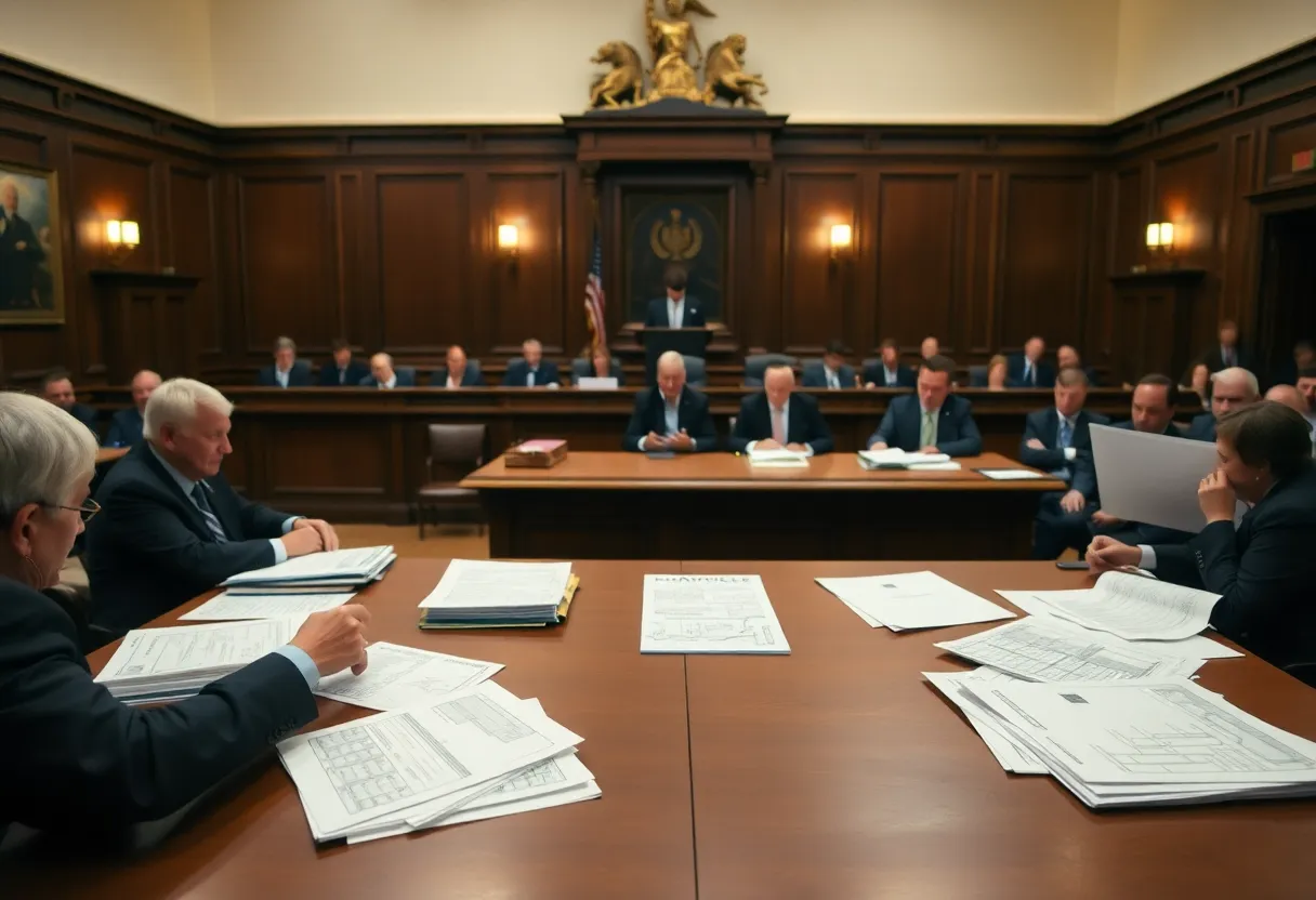 Courtroom during a corruption trial related to construction contracts