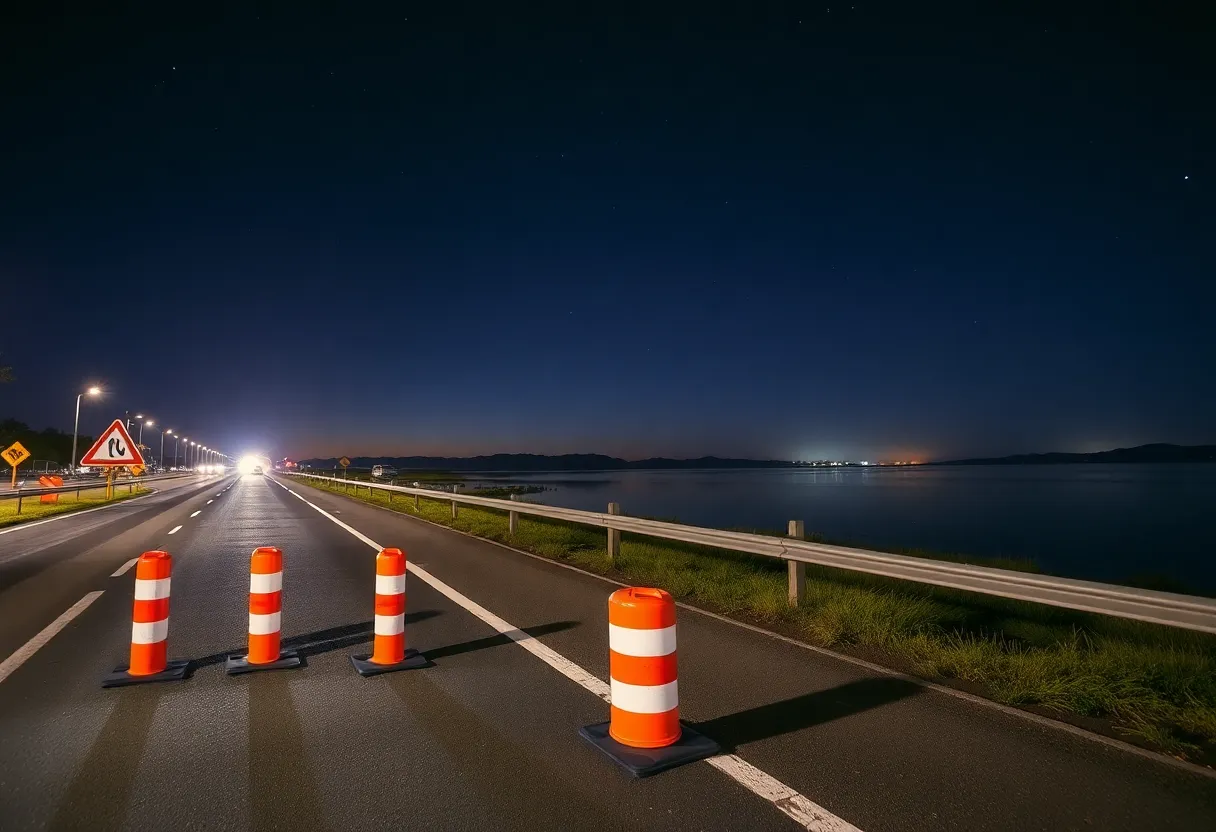 Nighttime construction scene at Deer Creek Reservoir with signs and cones