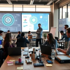 Startup teams collaborating in a modern incubator with AI visualizations on large screens