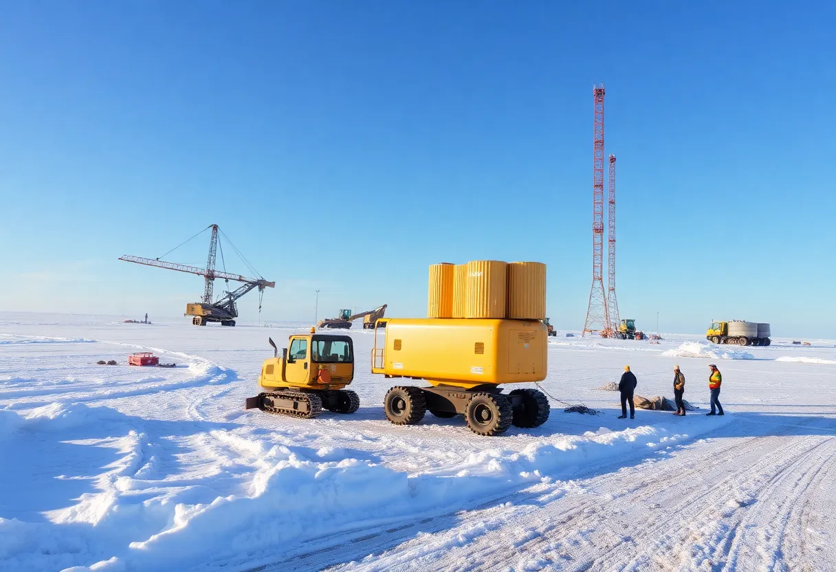 Construction workers at an Arctic energy infrastructure site
