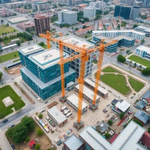 Aerial view of the FAT Village construction site showing cranes and workers.