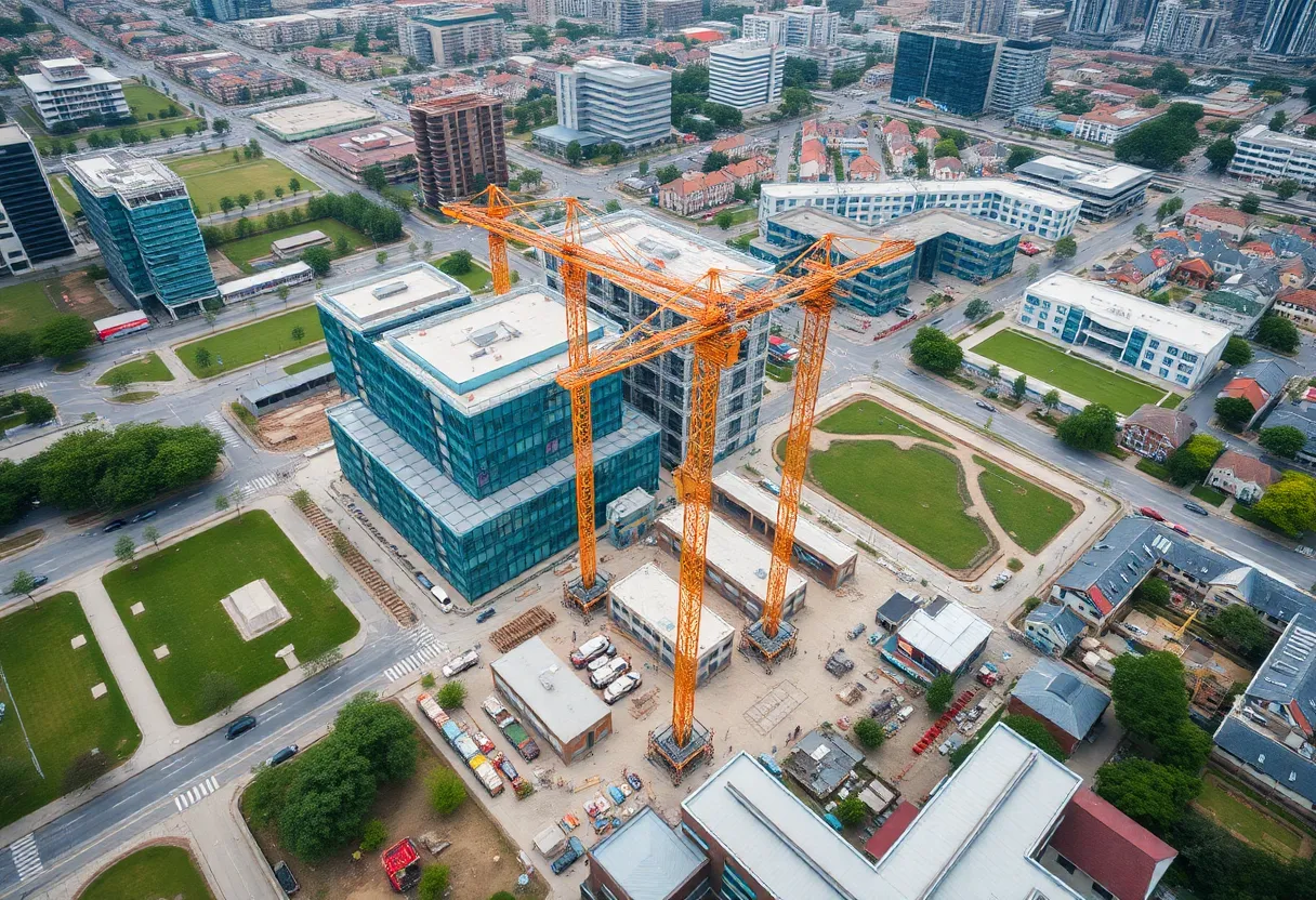 Aerial view of the FAT Village construction site showing cranes and workers.