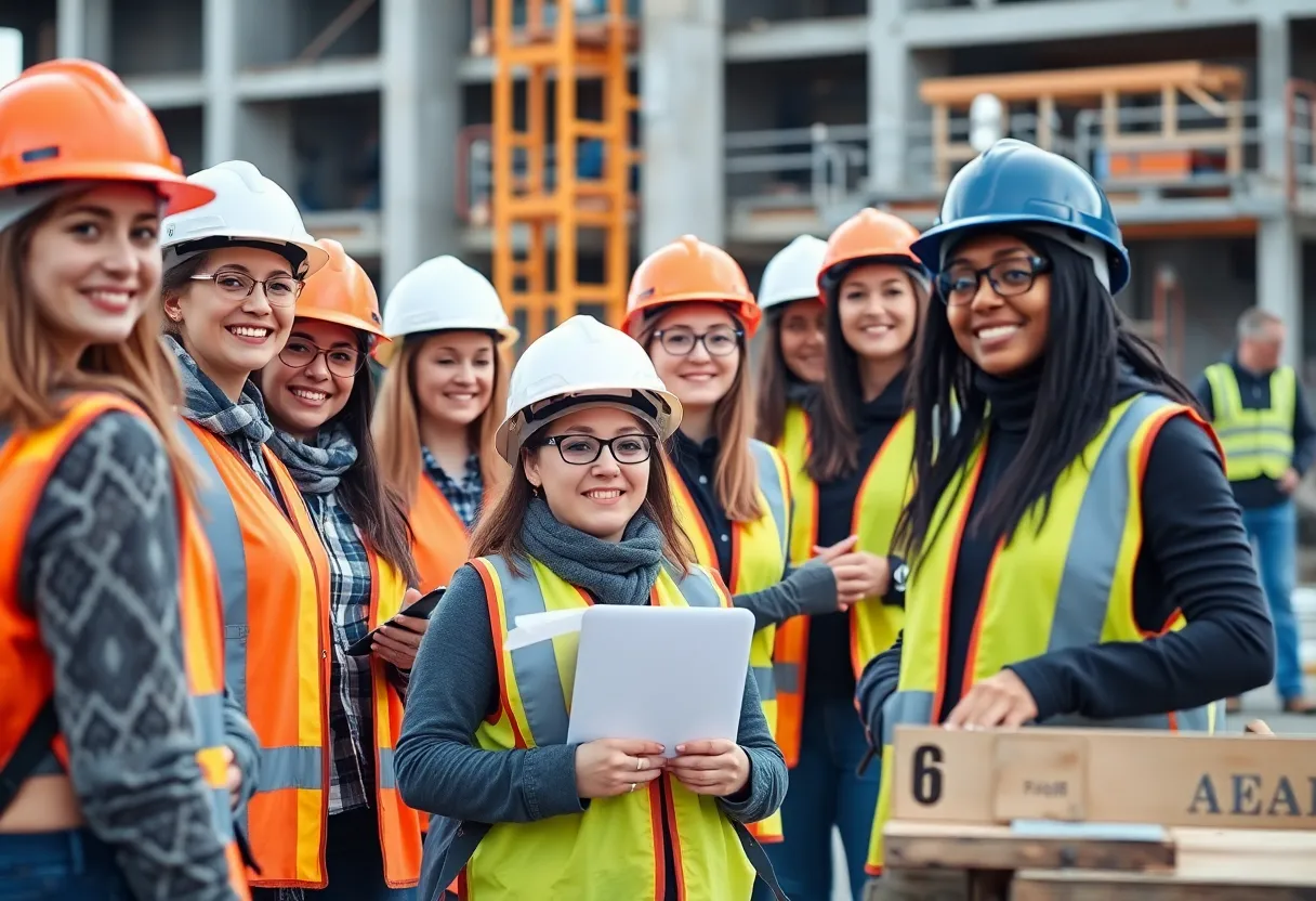 Diverse female construction workers using tools on a construction site