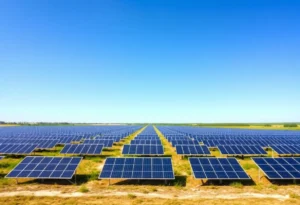 Solar panels at the Fort Myers solar farm under blue skies