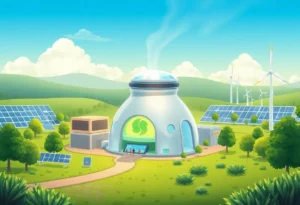Futuristic illustration of a commercial fusion power plant surrounded by renewable energy sources