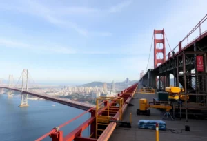 Construction crews retrofitting the Golden Gate Bridge