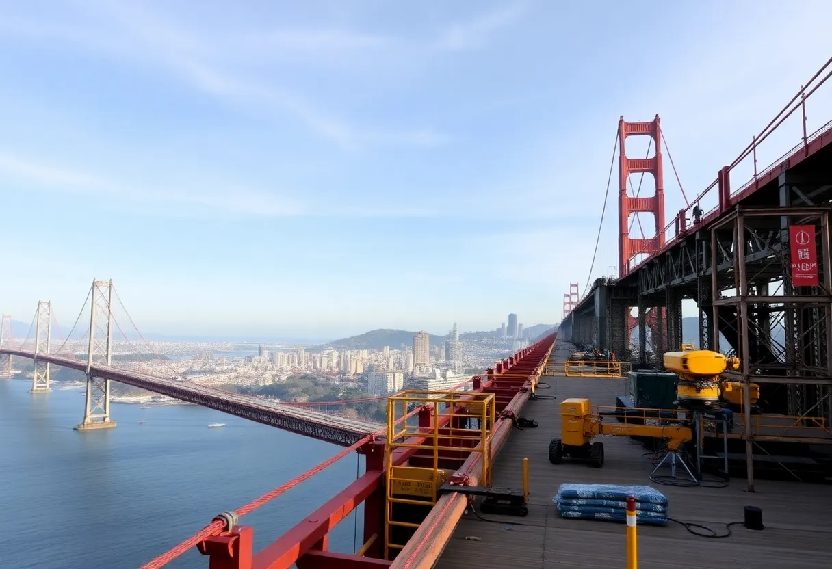 Construction crews retrofitting the Golden Gate Bridge