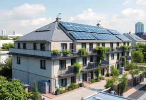 Eco-friendly housing complex with solar panels and landscaping