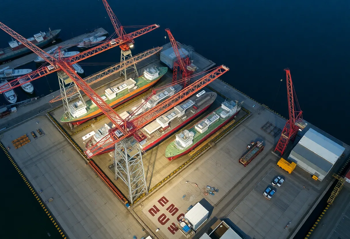 Expanded Gulfport Shipbuilding facility with new docks and ships.