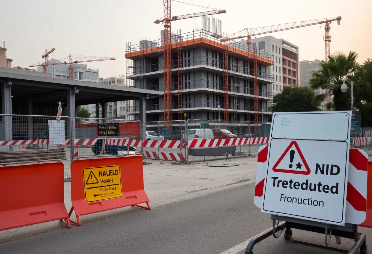 Construction site in US Nagar with halt signs.