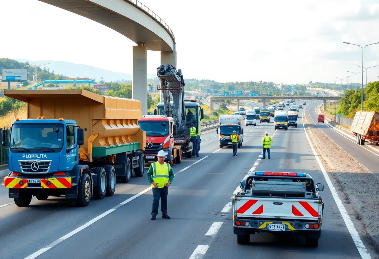 Construction site on a highway with workers and machinery at work