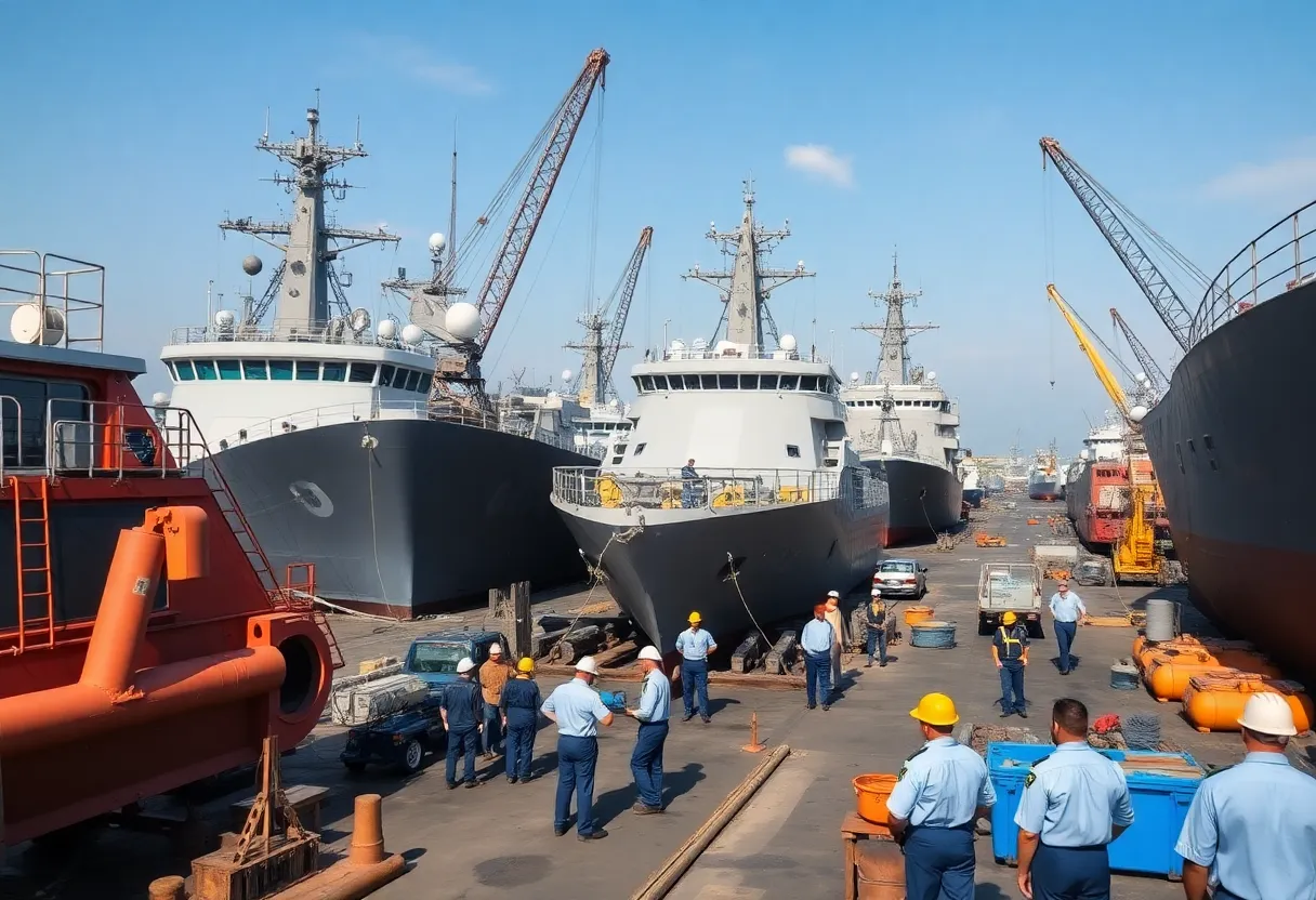 Workers conducting maintenance on naval vessels at HJ Shipbuilding