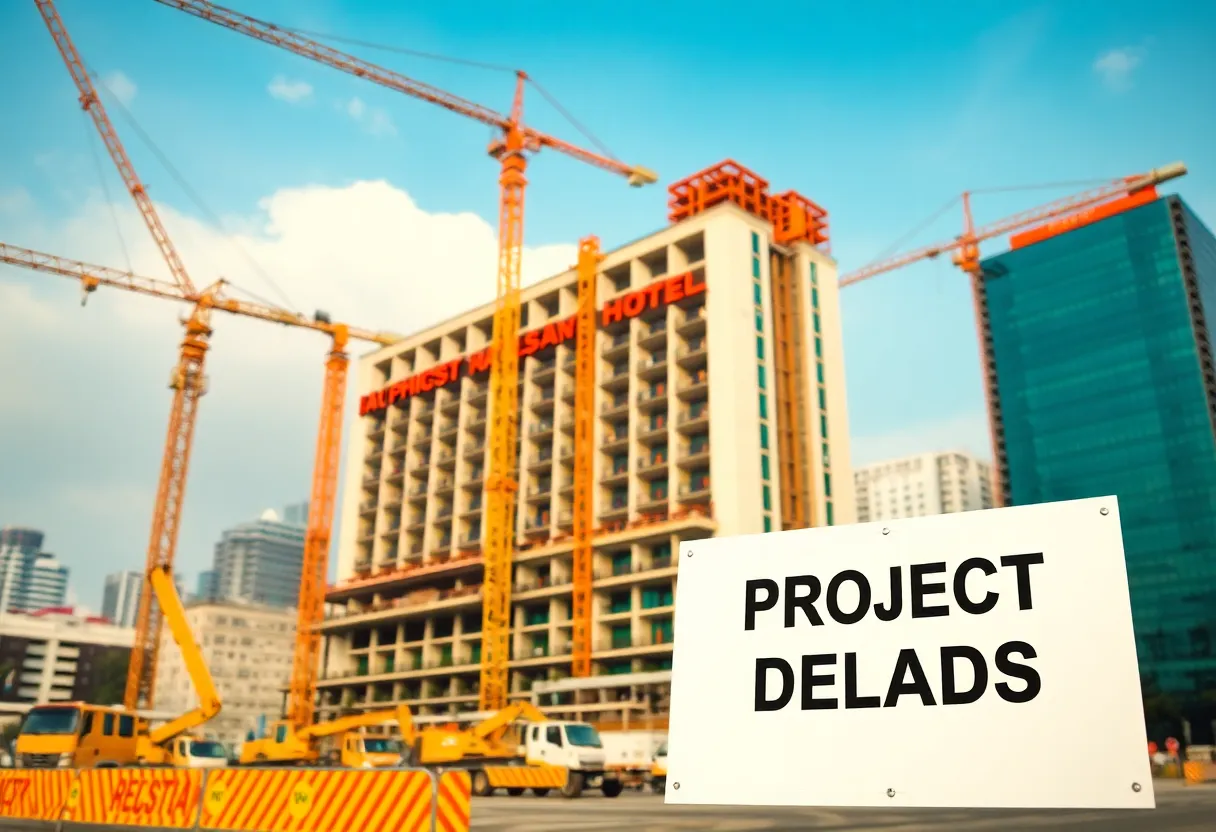 Construction site of a hotel with equipment and barriers.