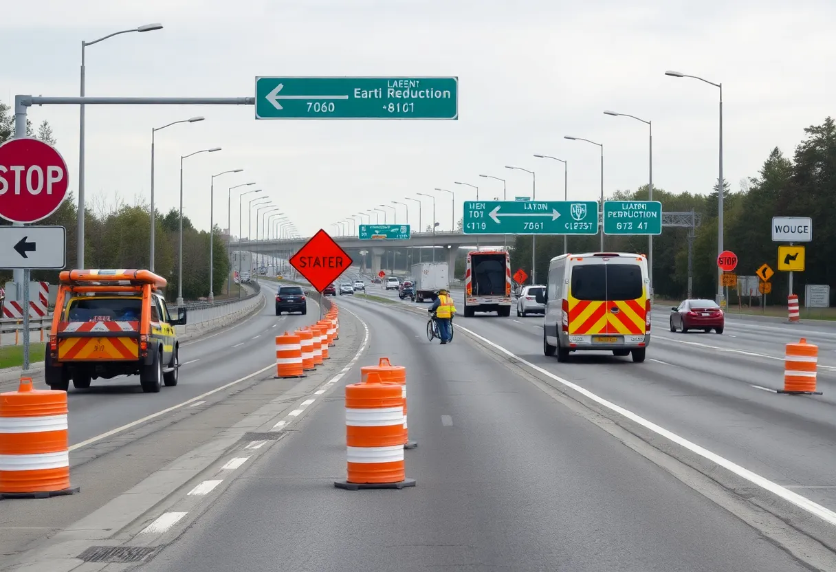 Construction work on I-10 in Beaumont with lane reductions and barriers.