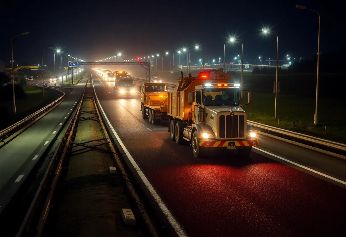 Construction workers at night resurfacing I-75 in Lima, Ohio