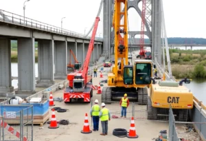 Construction site of James River Bridge repairs with workers and machinery