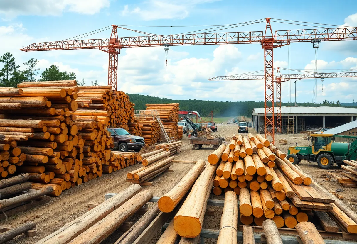 Lumber milling operations with timber logs and construction sites.