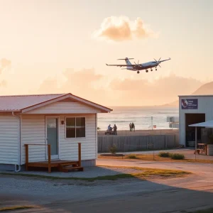 Manufactured home, Puerto Rico manufacturing hub building, and a regional plane over a coastline