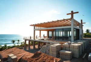 Construction site of Mar-a-Lago pavilion with workers and eco-friendly materials.