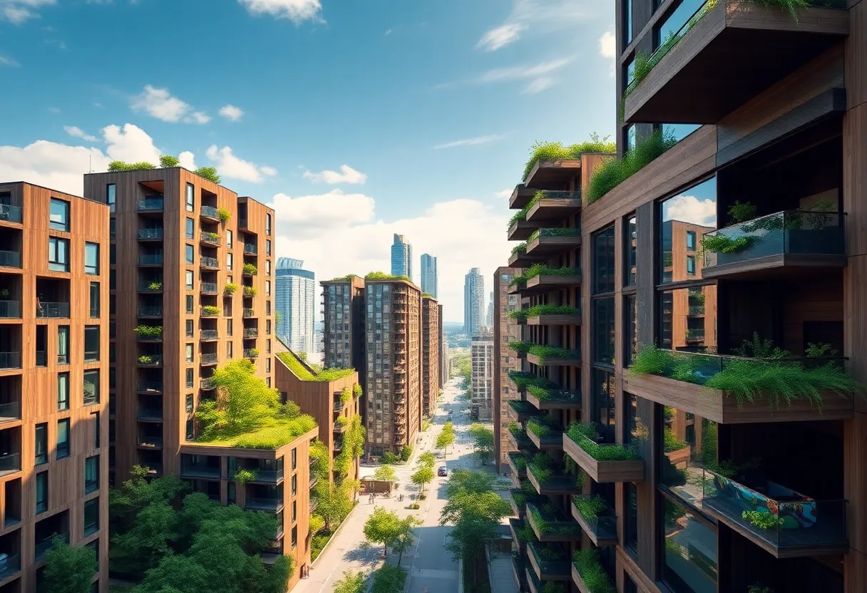 City skyline with mass-timber construction