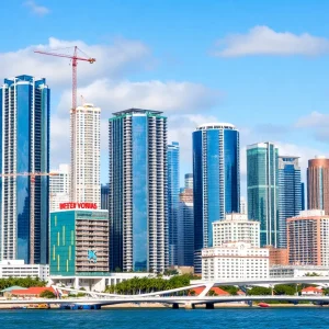 Miami skyline with various construction projects symbolizing sustainable building practices.