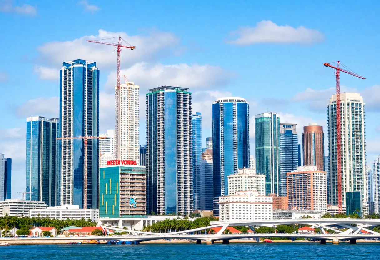 Miami skyline with various construction projects symbolizing sustainable building practices.