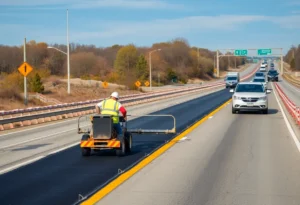 Highway maintenance workers repairing a road in Michigan during winter.