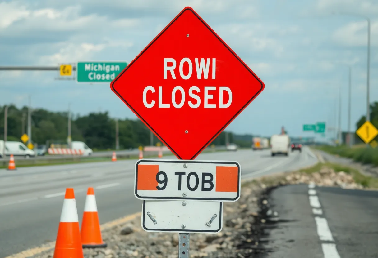 Construction site indicating road closures on a Michigan highway.