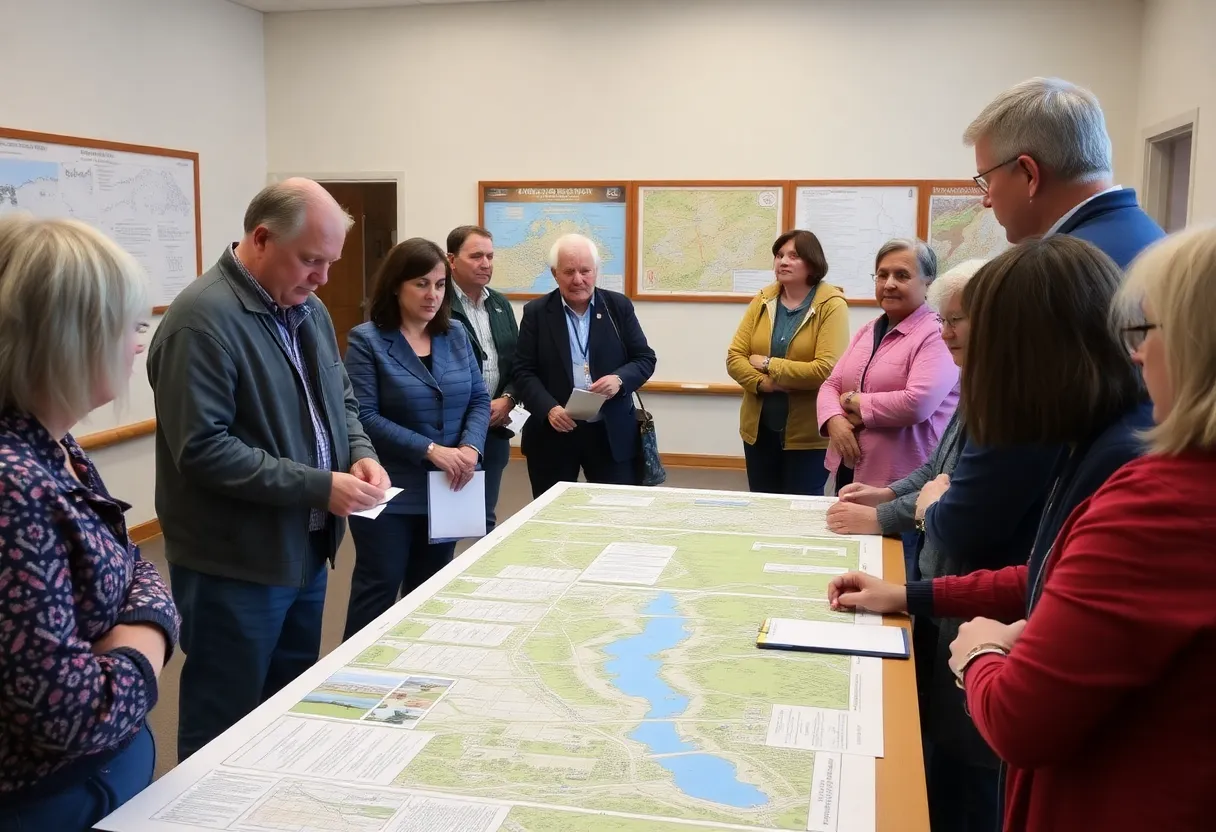 Residents discussing flood prevention plans at an open house.